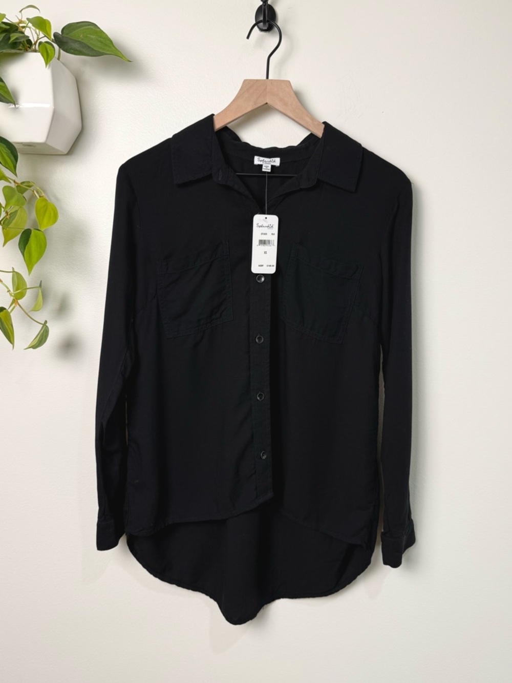 Splendid Black Button Down Shirt XS High Low Long Sleeve Blouse Capsule Wardrobe